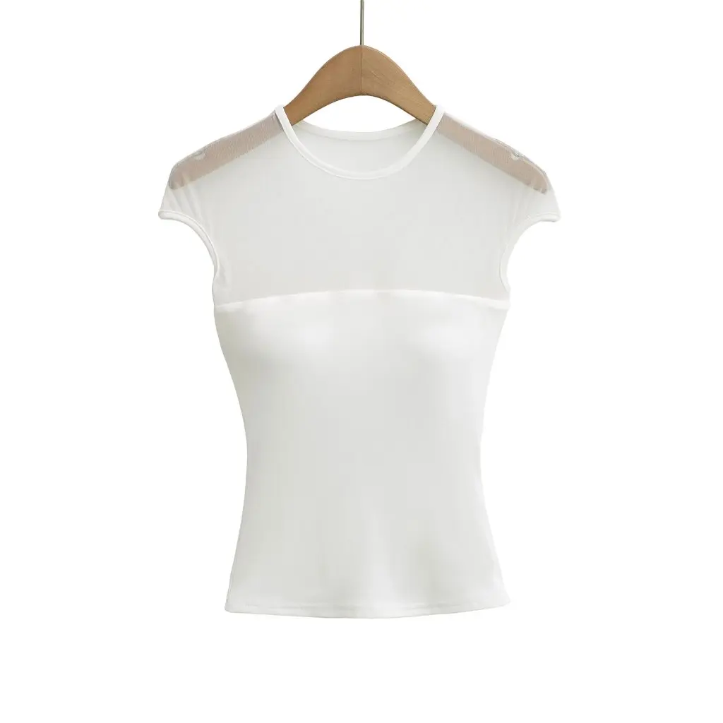 

Women's Spliced round Neck Short-Sleeved T-Shirt Summer Style Pure Lust Sexy Mesh See-Through Slimming Top for