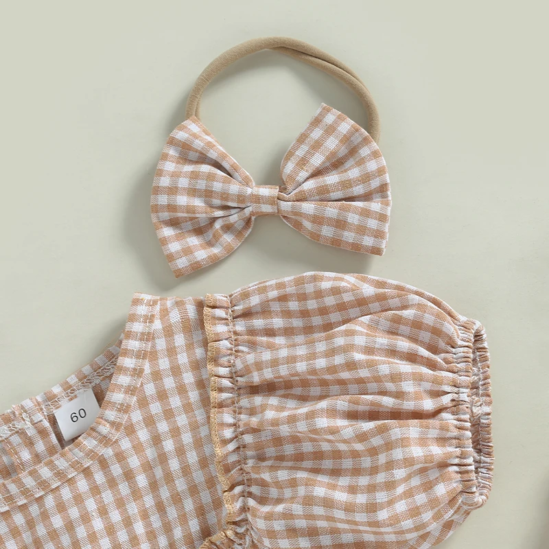 

Infant Baby Girl Romper 2Pcs Short Puff Sleeve Plaid Print with Headband Set Summer Outfits Cute Kawaii