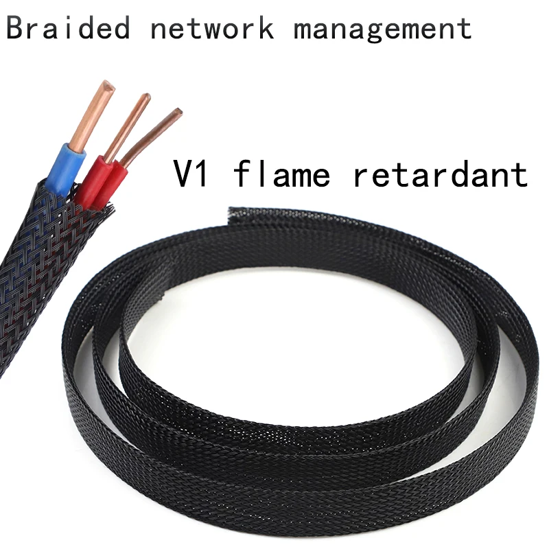 10m PET Elastic Woven Wire Mesh Black Encrypted Flame Retardant Woven Wire Mesh Nylon Computer Wire Mesh Tube Telescopic Sleeve