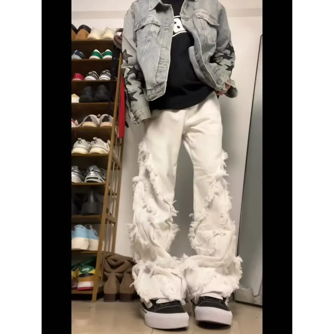 

﻿ Джинсы с бахромой в американском стиле для мужчин и женщин, брендовые повседневные брюки с микро-клеш, мужские модные джинсовые брюки с потертым краем