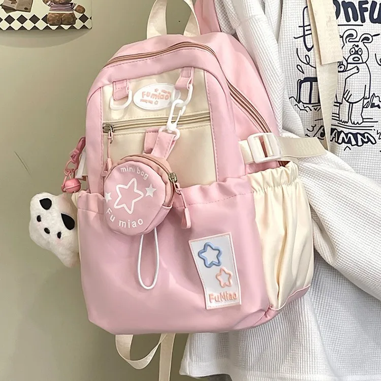 New in Cute Nylon Backpack for Women Large Capacity Summer Student Bag Round Pouch Multi-Pocket Lightweight School Travel