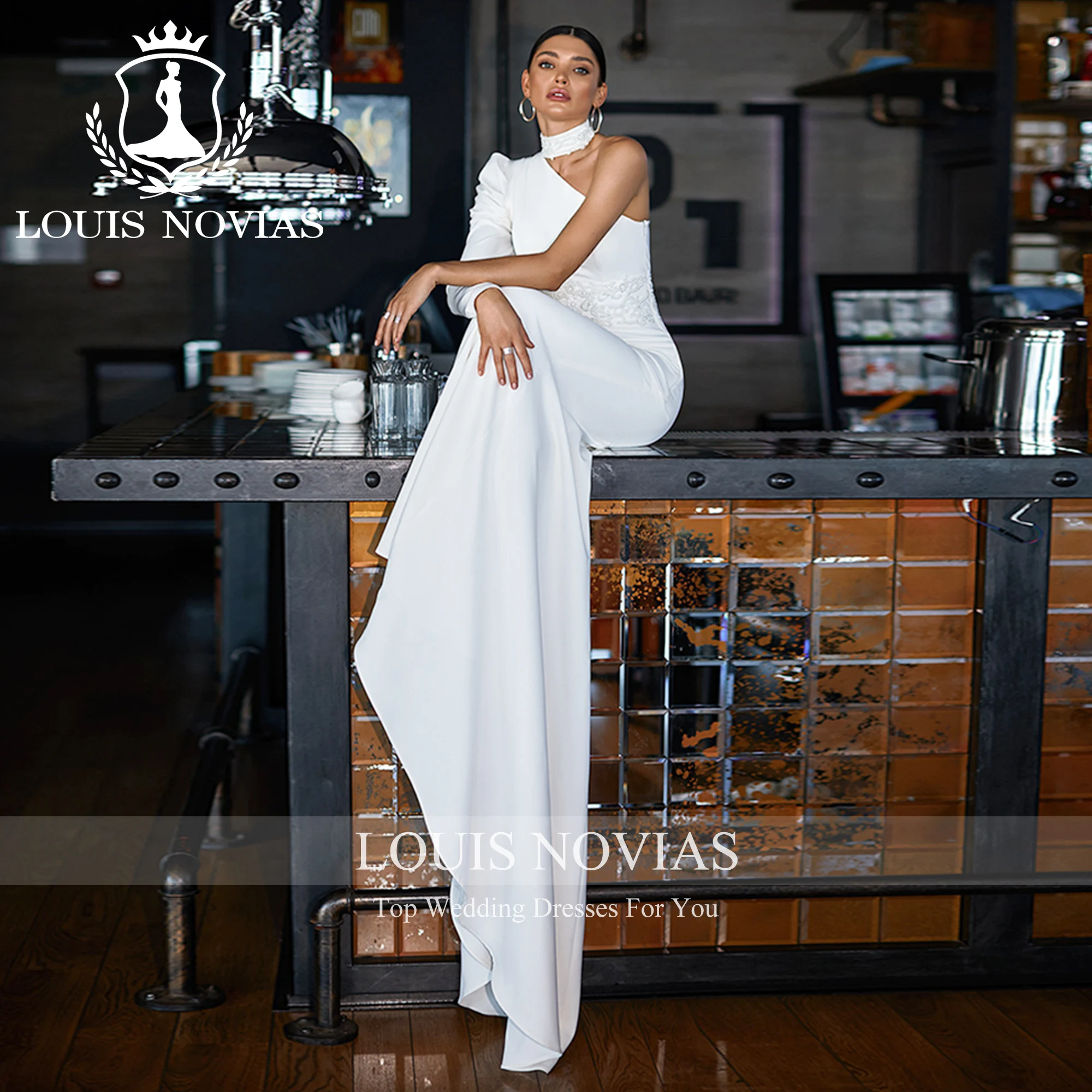 LOUIS NOVIAS Long Sleeve Mermaid Wedding Dress 2023 HIGH One Shoulder Appliques Charming Trumpet Wedding Gown Vestidos De Novia