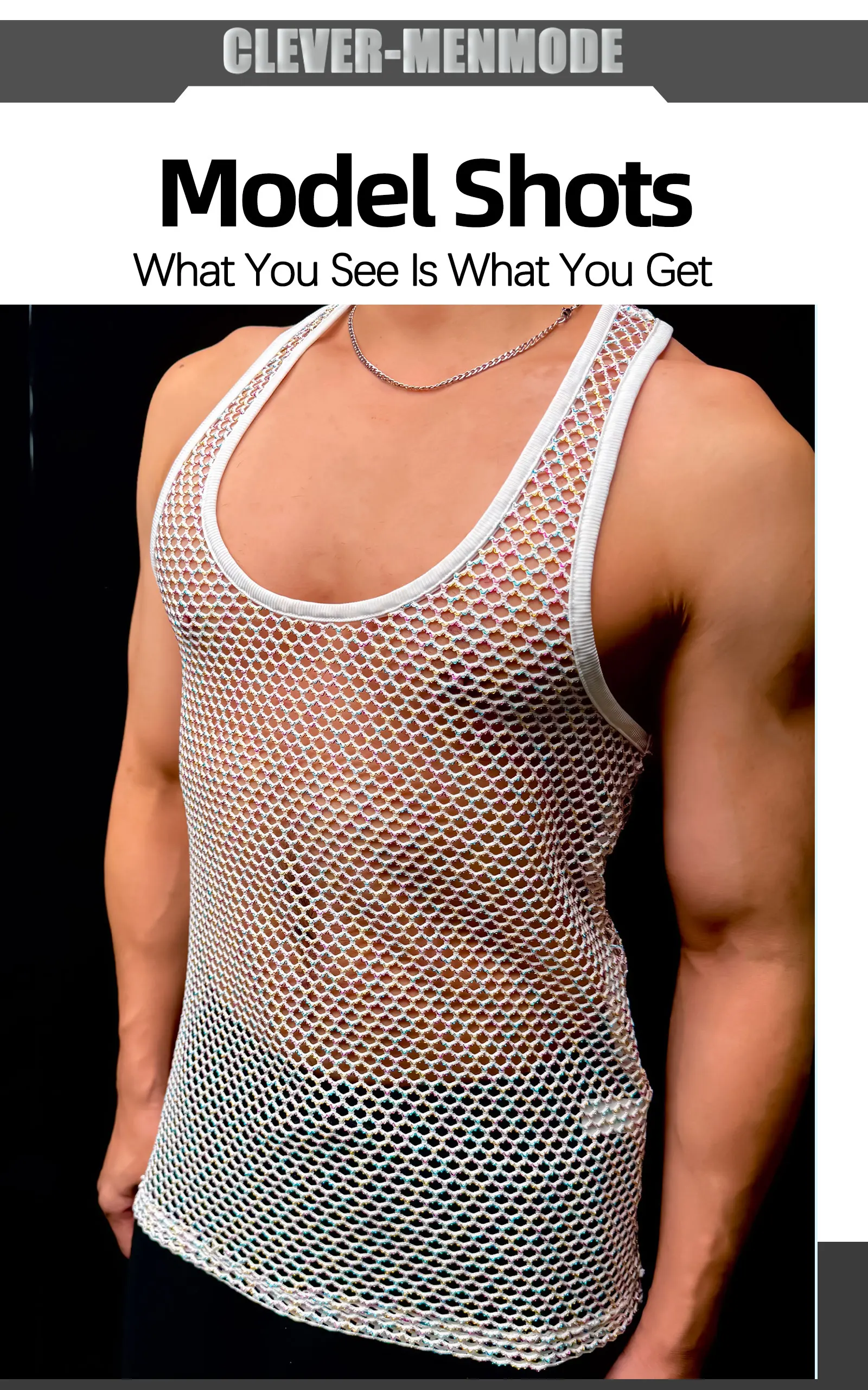 Fishnet Mesh Tank Top Men Racerback Summer Sleeveless Metallic Shiny Shirt Sport Muscle Vest Sheer Daily Party Wear Streetwear