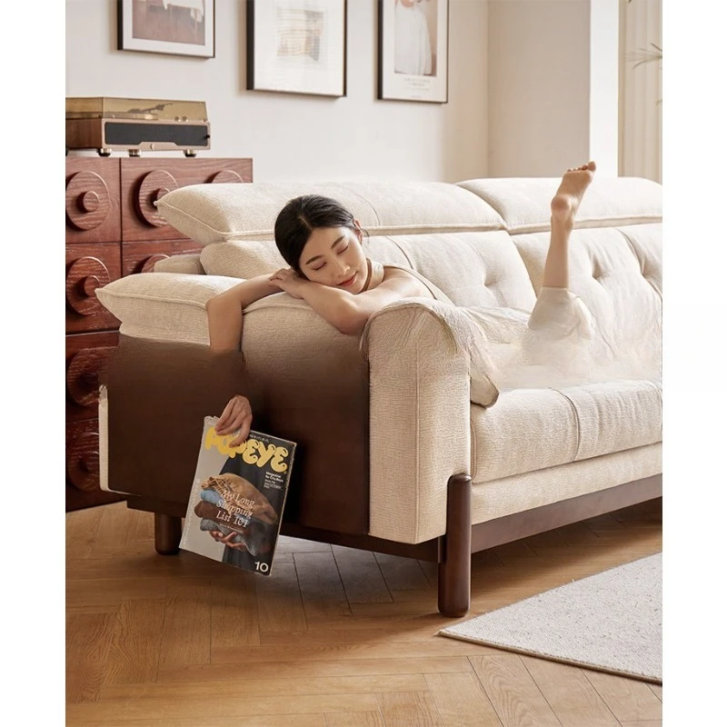 

Cream antique solid wood fabric sofa small apartment