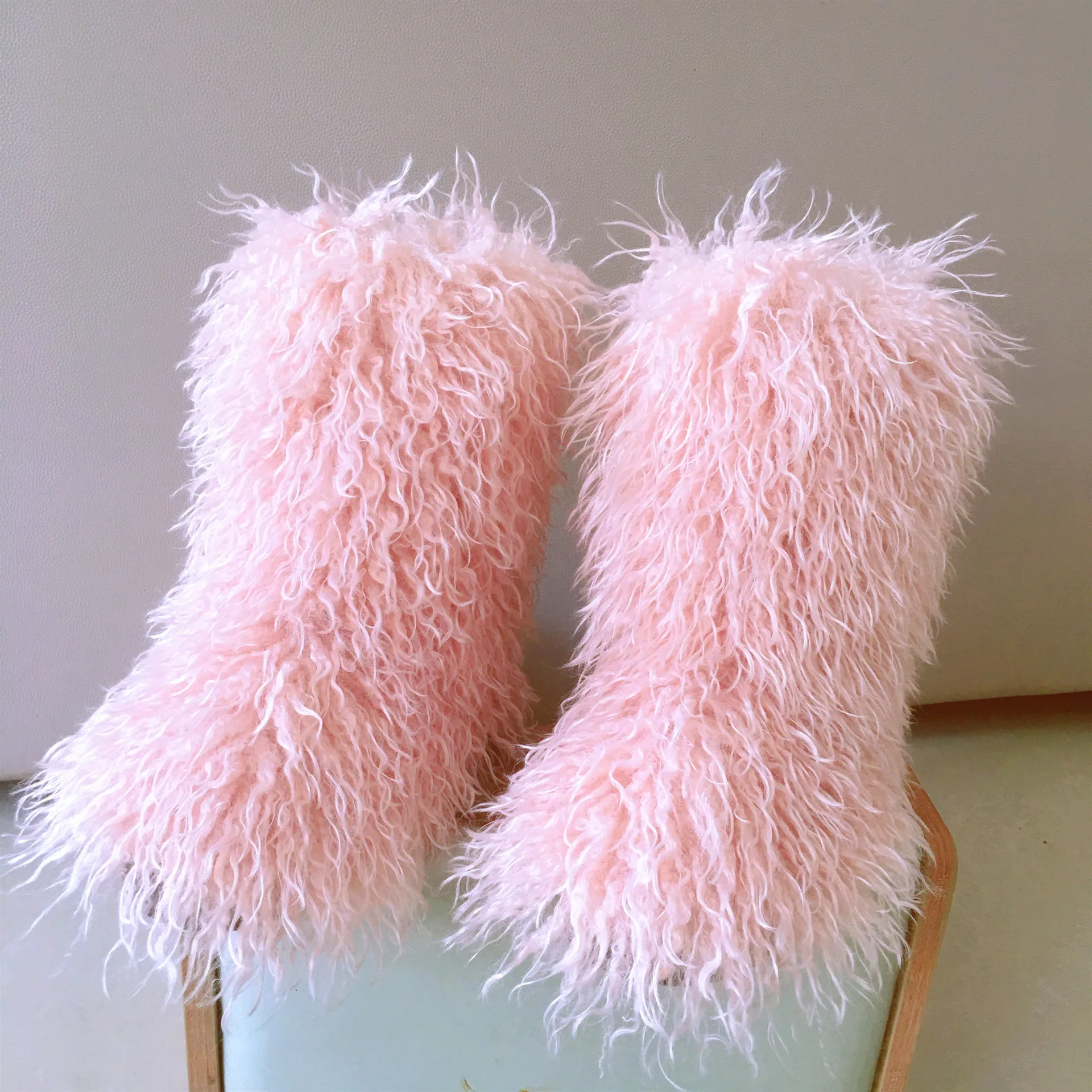 2026 Fashion Winter Lamb Skin Boots Long Hair Faux Mongolian Sheep Fur Boots Cover