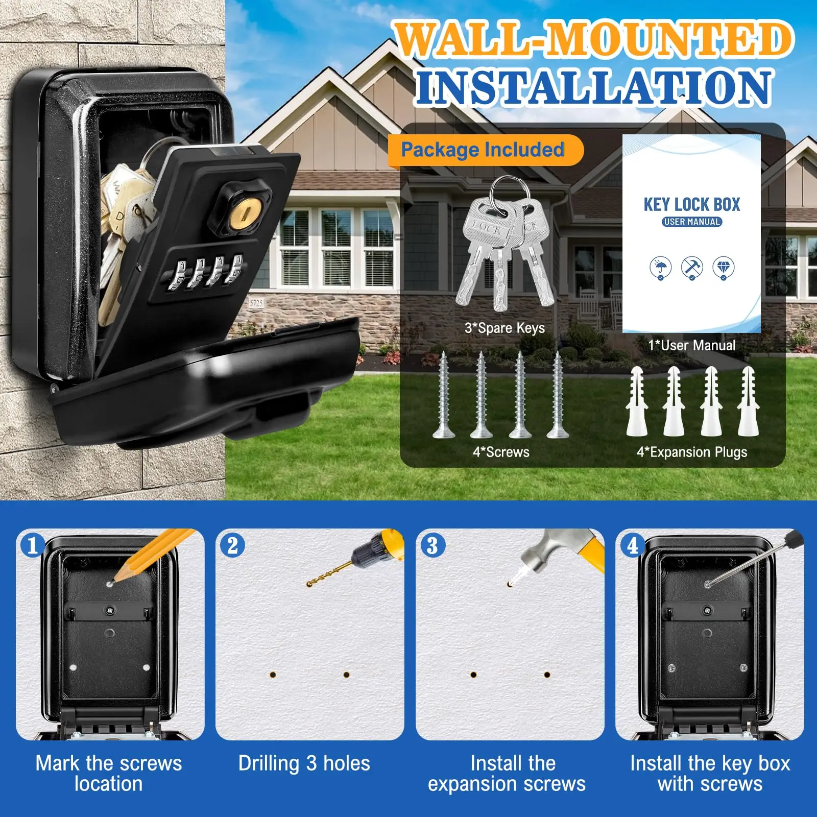 Wall Mount Key Lock Box Waterproof Lock Box for Keys with Code Resettable Code Large Capacity Safe Security Outdoor Lock Box