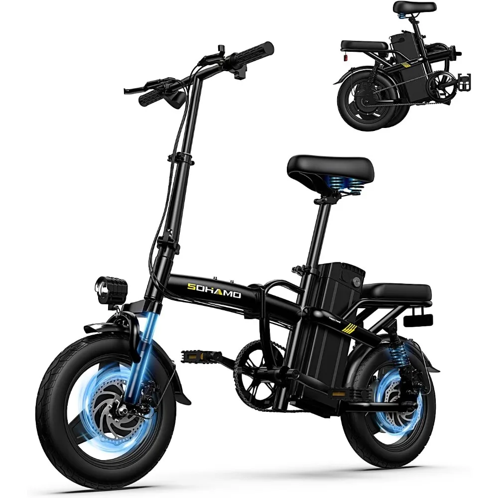 Mini bicicleta eléctrica plegable para adultos, bici ligera de 14 pulgadas, pico de 600W, 22mph, 25-40 millas