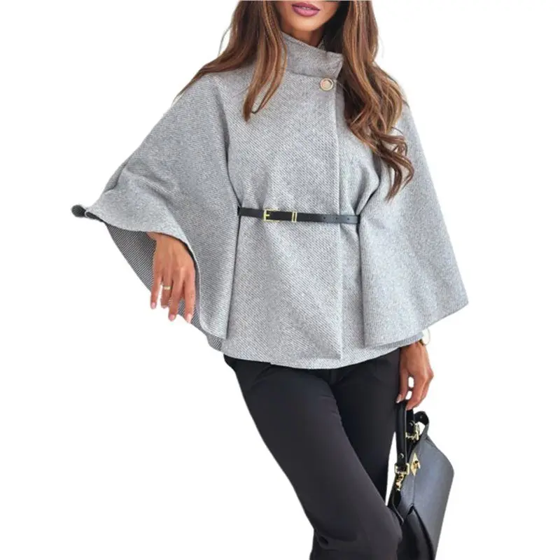 

【OFF-SHELF】Women Batwing Sleeve Ponchos Pea Coat Stand Collar Capes Jacket Cloak Elegant Wool Coat With Belt