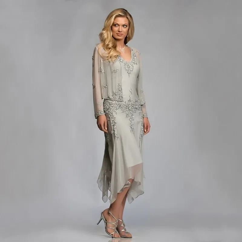 2024 Elegant Silver Chiffon Mother of the Bride Groom Dresses with Jackets Summer Tea Length Lace Godmother Wedding Party Gowns