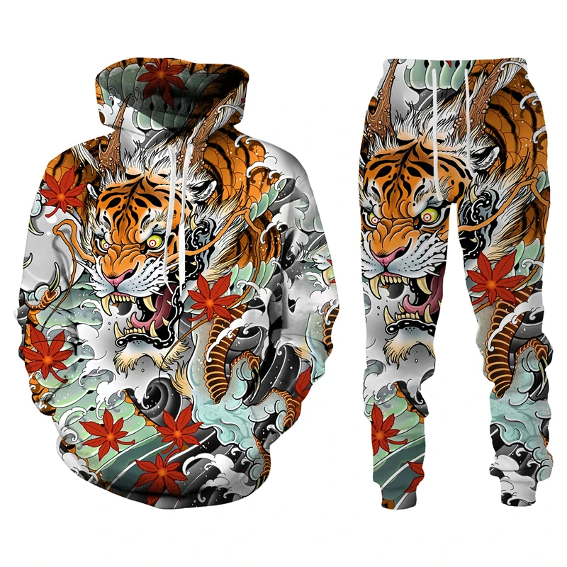 Vintag Tiger 3D Printed Men\'s Tracksuit Sets Hoodie And Pants 2pcs Sets Oversized Sweatshirt Fashion Men\'s Clothing