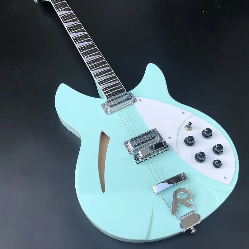 High-quality 6-string 360 guitar, basswood body, light blue bright paint, two outputs, rosewood fingerboard， free