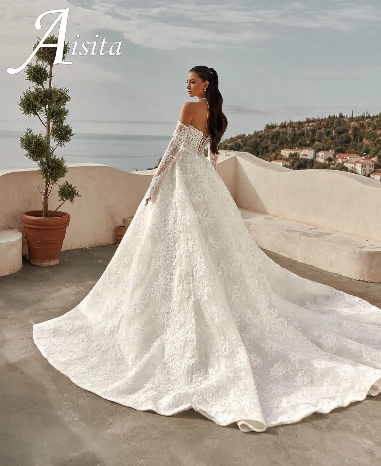 Customized Lace Wedding Dress Long Sleeve Boat Neck Off Shoulder White Bespoke Vestido Abiti Da Sposa Noiva Vestido de novia