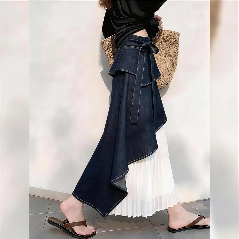 

American Style Spliced Denim Half Skirt Women's Spring New Commute Design Irregular Belt Long Skirt Loose Fit Long Sleeve