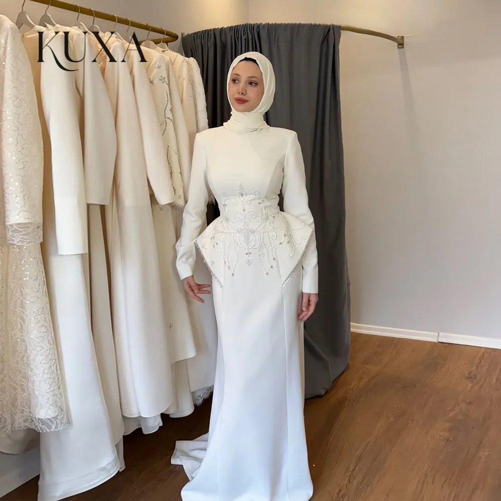 KUXA Customized Muslim Pastrol Jersey Pleat Sequined Pattern Trumpet O-Neck Long Bespoke Occasion Prom Dresses Intricate Formal