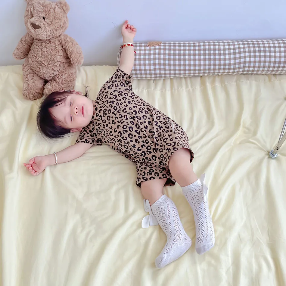 Baby Clothing Round Neck Short Sleeved Leopard Print Jumpsuit For Summer Cute And Fashionable Baby Girl Crawling Clothes