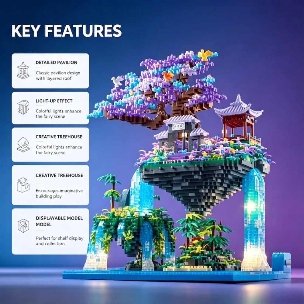 Chinese Architecture Building Block Peach Blossom Pond Fairy Pavilion Tree House Diy Brick Model Home Decoration Christmas Gifts
