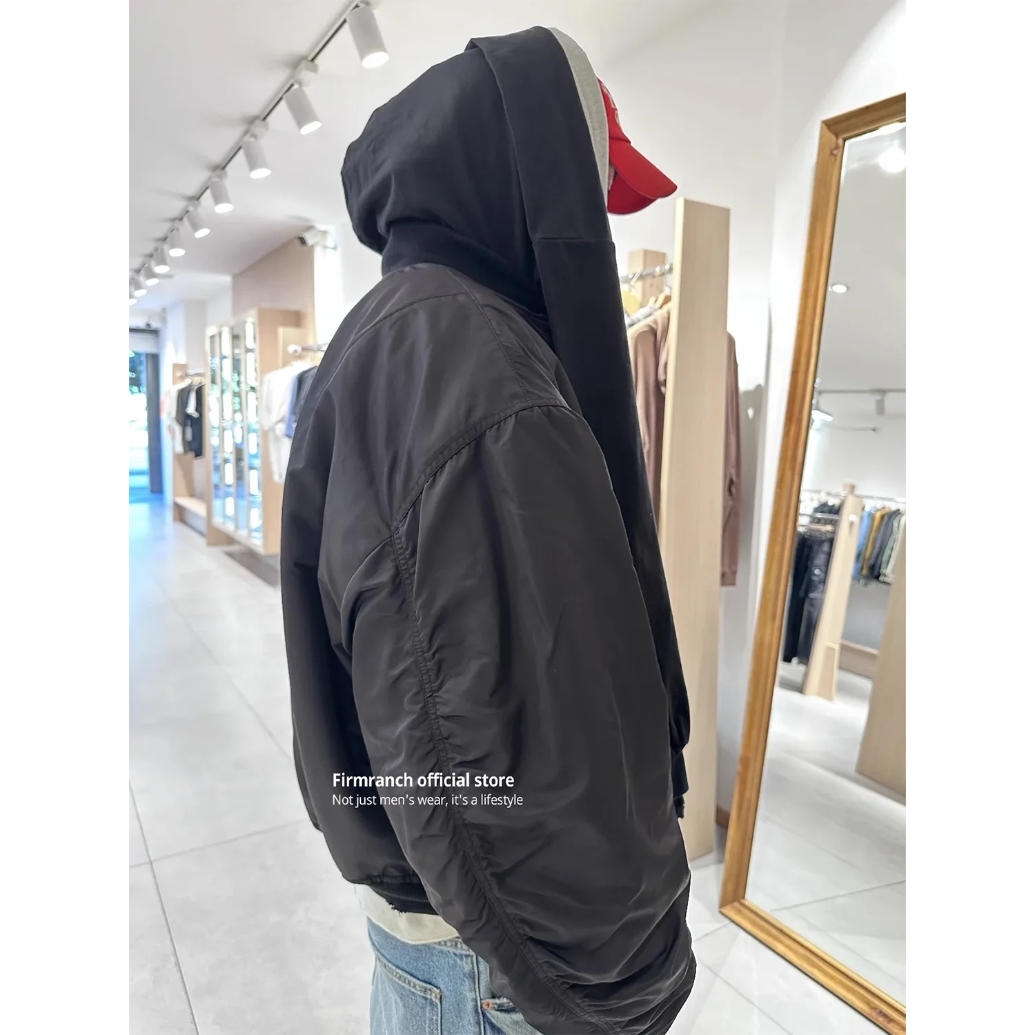 Firmranch New Short Winter Black Padded Bomber Jacket For Men Women Sleeved Hooded Thick Baseball Coat Street Outfits