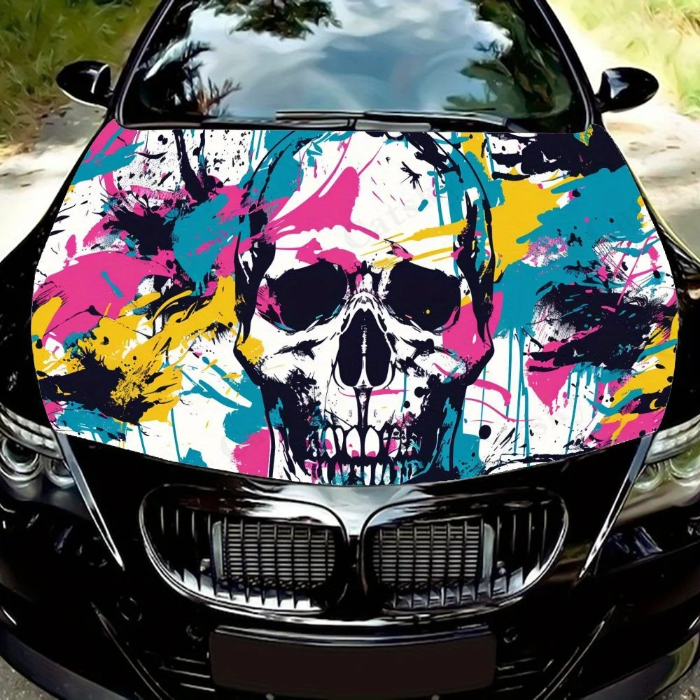 

Cyber Color Splashing Skull PVC Car Vinyl Wraps, Self-Adhesive Waterproof Car Hood Decal Sticker, Car Decoration Protection Stic