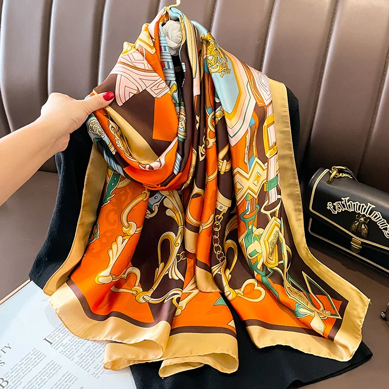 Luxury Style Sunscreen Shawls The Four Seasons Design Scarves Women 180X90CM Square Silk Scarf Popular  New Beach Bandanna