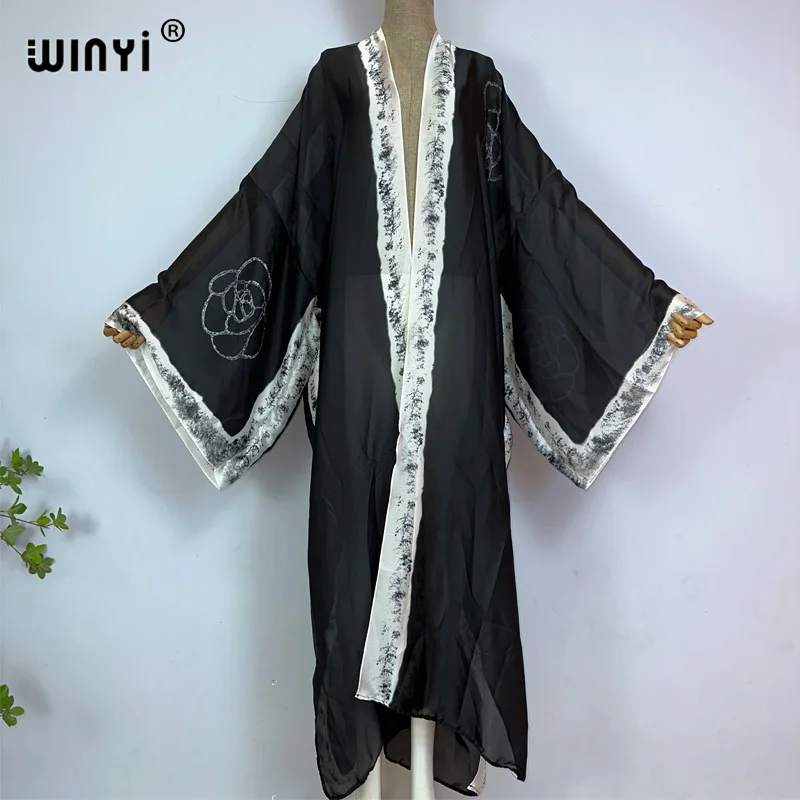 WINYI Africa summer Women black printing Long Sleeve Cardigan Female Loose beach Cover Up boho dress Streetwear holiday kimono