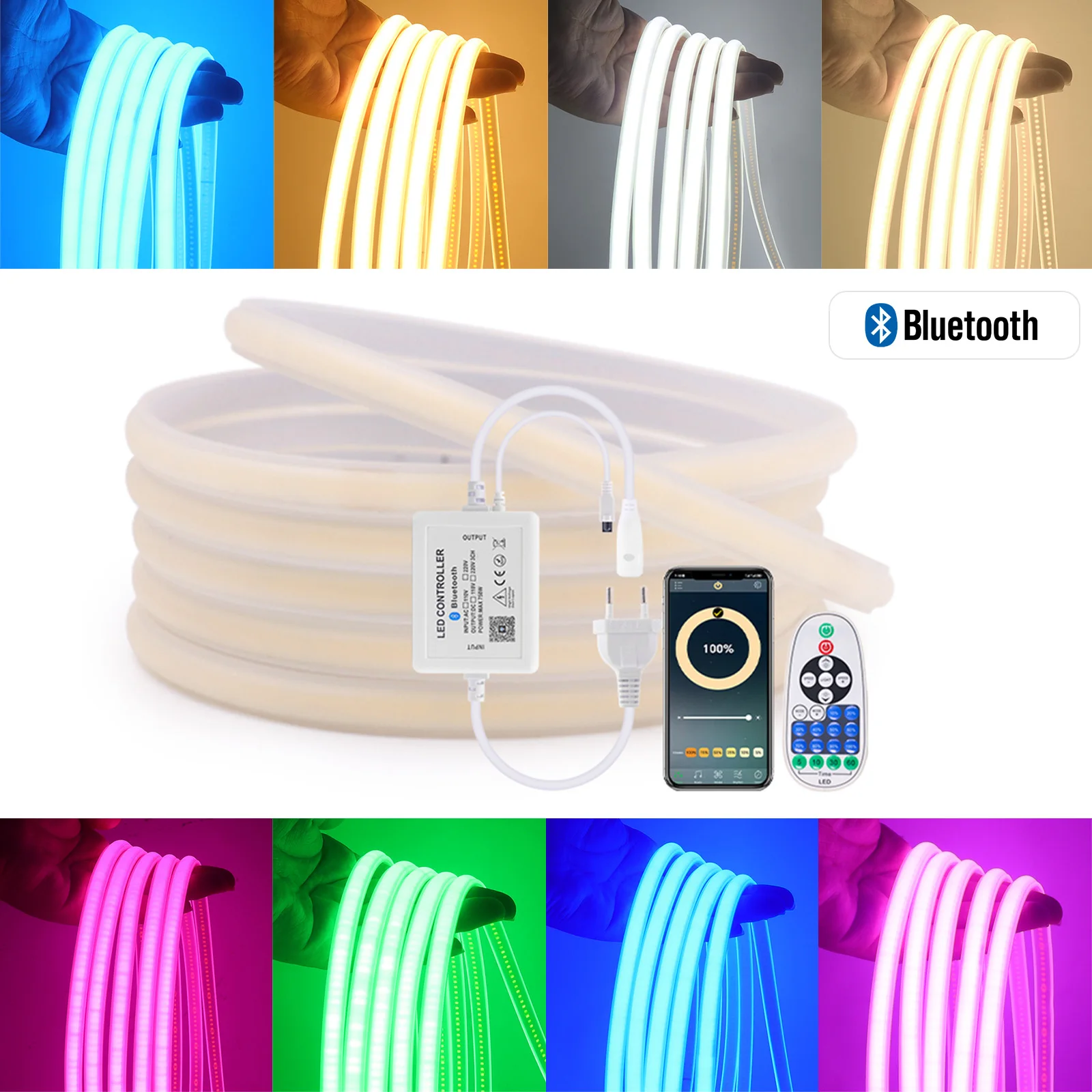 

AC 220V Dimmerable COB Neon Light Bluetooth APP Control White Red Ice Blue Pink Yellow Purple Green Waterproof Tape LED Strip