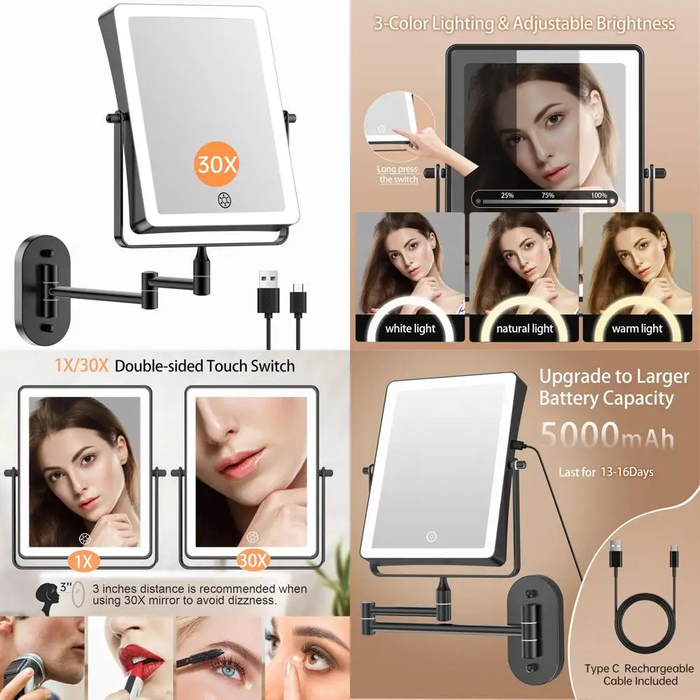 8.7 กระจกแต่งหน้า LED สองด้านพร้อมกำลังขยาย 30 เท่า 360 °   แขนหมุนได้, 3 สีของแสง, ติดผนัง, แบตเตอรี่ 5000mAh