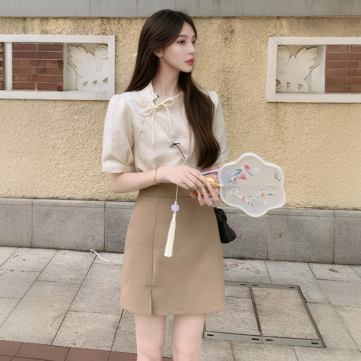 Moda elegante donna abiti estate tinta unita maniche corte camicia top + semplice minigonna temperamento ufficio signora due pezzi set