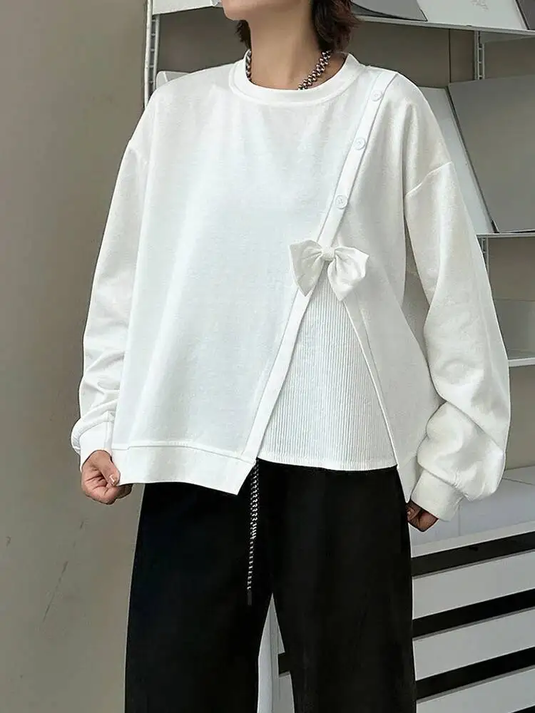 

Белый свитшот нестандартной формы с бантом, новый женский свитшот с круглым вырезом и длинными рукавами, большой размер, модный прилив, весна-осень
