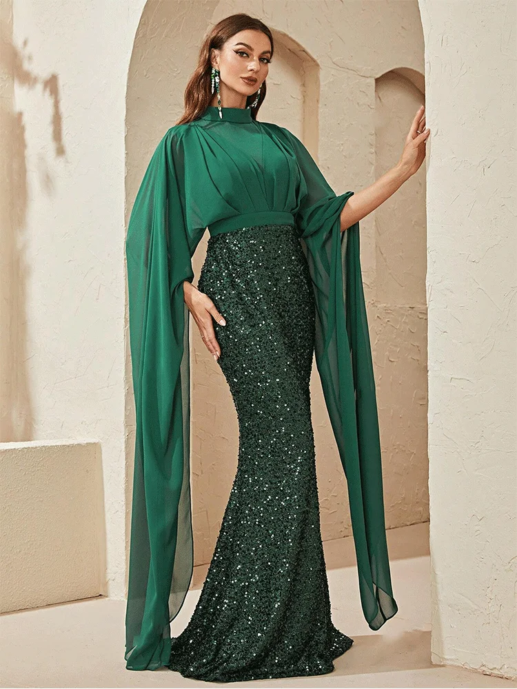 Round Neck Chiffon Long Sleeve Floor-Length Evening Dress Wedding Banquet Dance Luxury Ladies Party Evening Dress Prom Gown