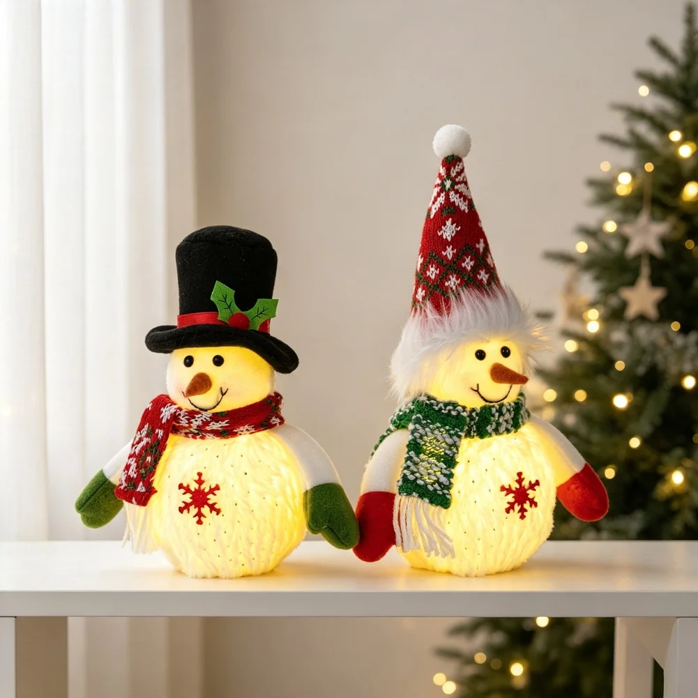 Warm LED Light Up Snowman Plush Ornament Soft Christmas Tree Decoration For Home Party Tabletop Display 25cm