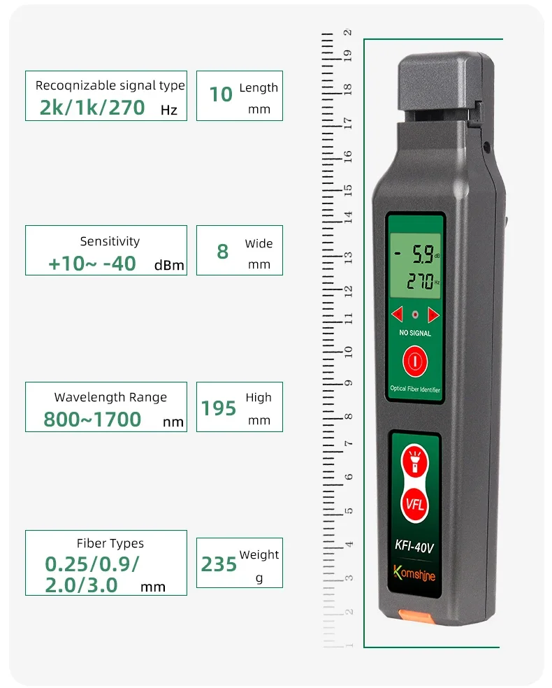 Komshine KFI-40V Fiber Identifier Suitable for 0.25/0.9/2.0/3.0mm Can Identifies Dominant Traffic Direction Live Fiber