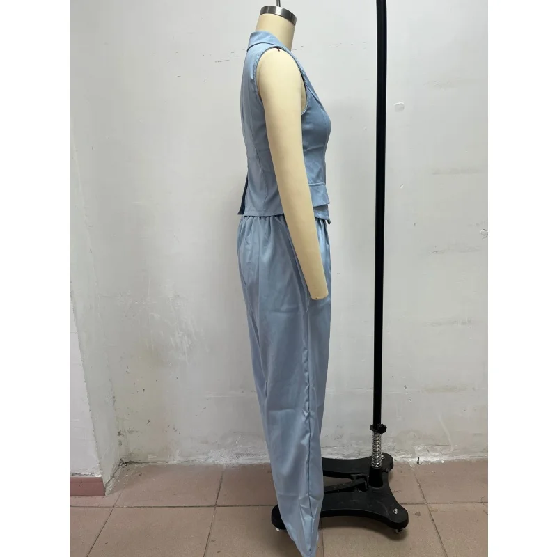Damen 2-teiliges Outfit, ärmellose Weste mit Revers, hochtaillierte Hose mit weitem Bein, elegantes Büro-Formalanzug-Set, Business-Party-Partnerlook – Detail 13