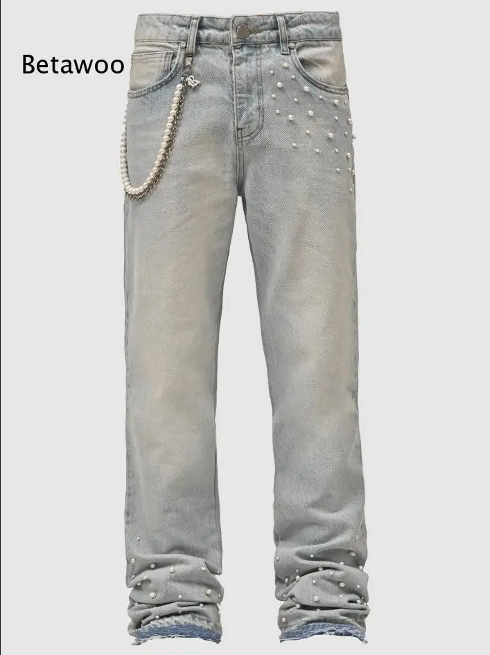 Men Trendy Street Long Denim Pants Light Washed Straight Silhouette Pearl Decoration Detachable Chain Frayed Hem Craft