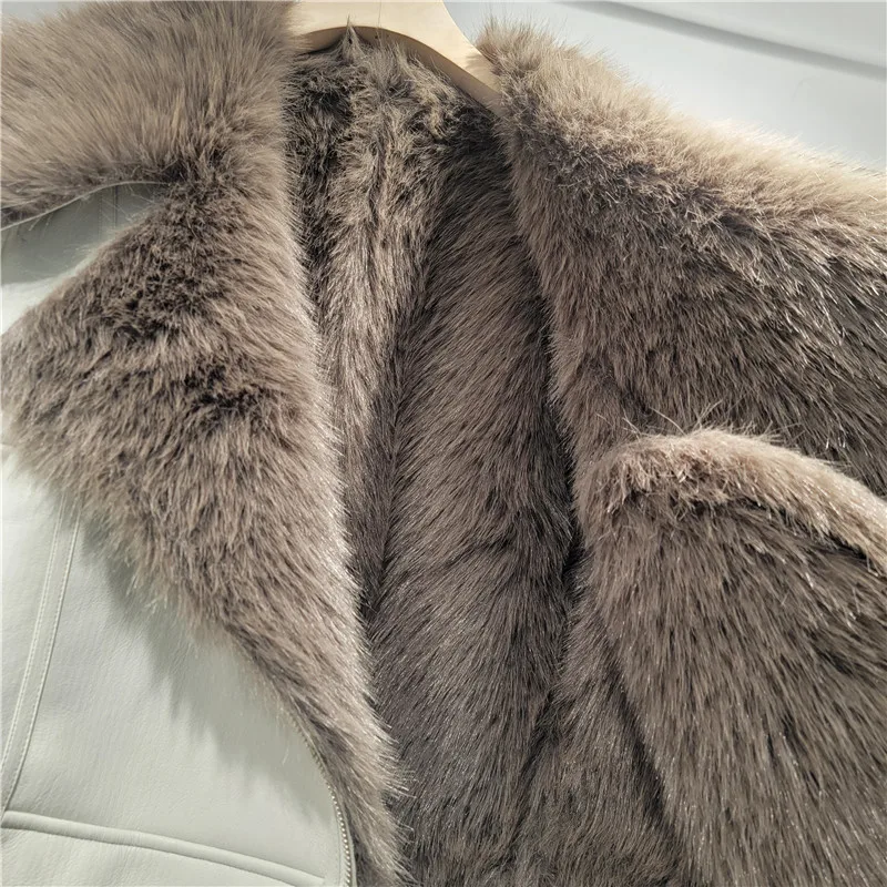 Winter Large Lapel Short Motorcycle Jacket Warm Sheepskin Eco-Friendly Furry Lined Coat Long Sleeves Faux Fur Jaquetas With Belt