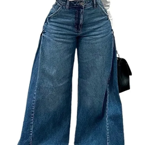 Deeptown Blue Washed Women Flared Jeans Harajuku Y2k Oversized Wide Leg Spliced Tassel Denim Pants Baggy American Retro Trousers