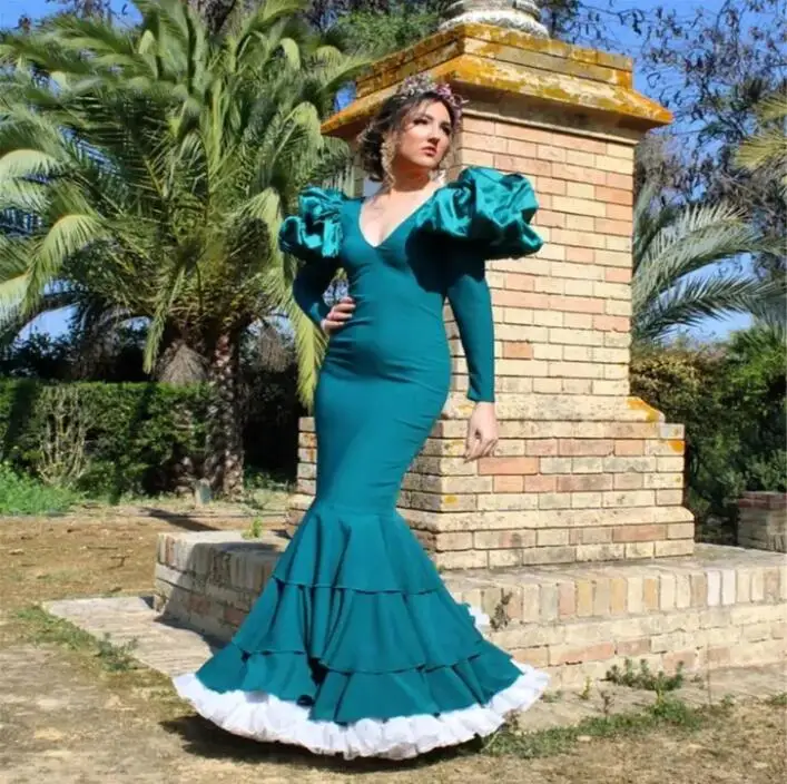 Vestidos de Fiesta de sirena azul azulado, vestido de noche hinchado, manga larga, volantes, parte inferior, mancha, Flamenca, Español