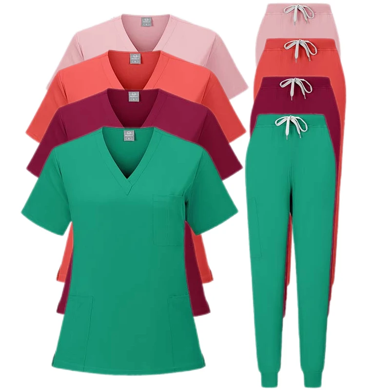 

Multicolour Jogger Suit Nurse Scrubs Set Medical Clinical Clothes Doctor Nursing Uniforms Short Sleeve V-neck Tops Pocket Pants