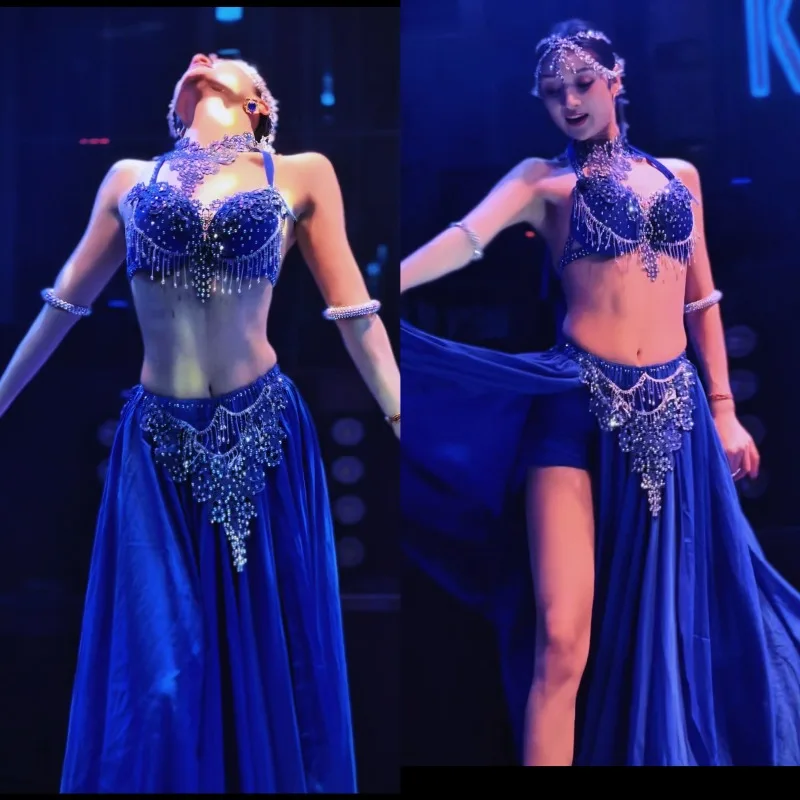 

Индивидуальный костюм для танца живота, комплект платья для выступлений, большой размер, сексуальный темперамент, синяя египетская одежда для восточных танцев