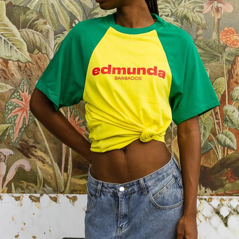 2024 Summer Sexy Short Sleeve T-Shirt Women Yellow Sports Casual Retro Edmunda Basic Crop Tops Tees Female Clothing Fashion Y2k