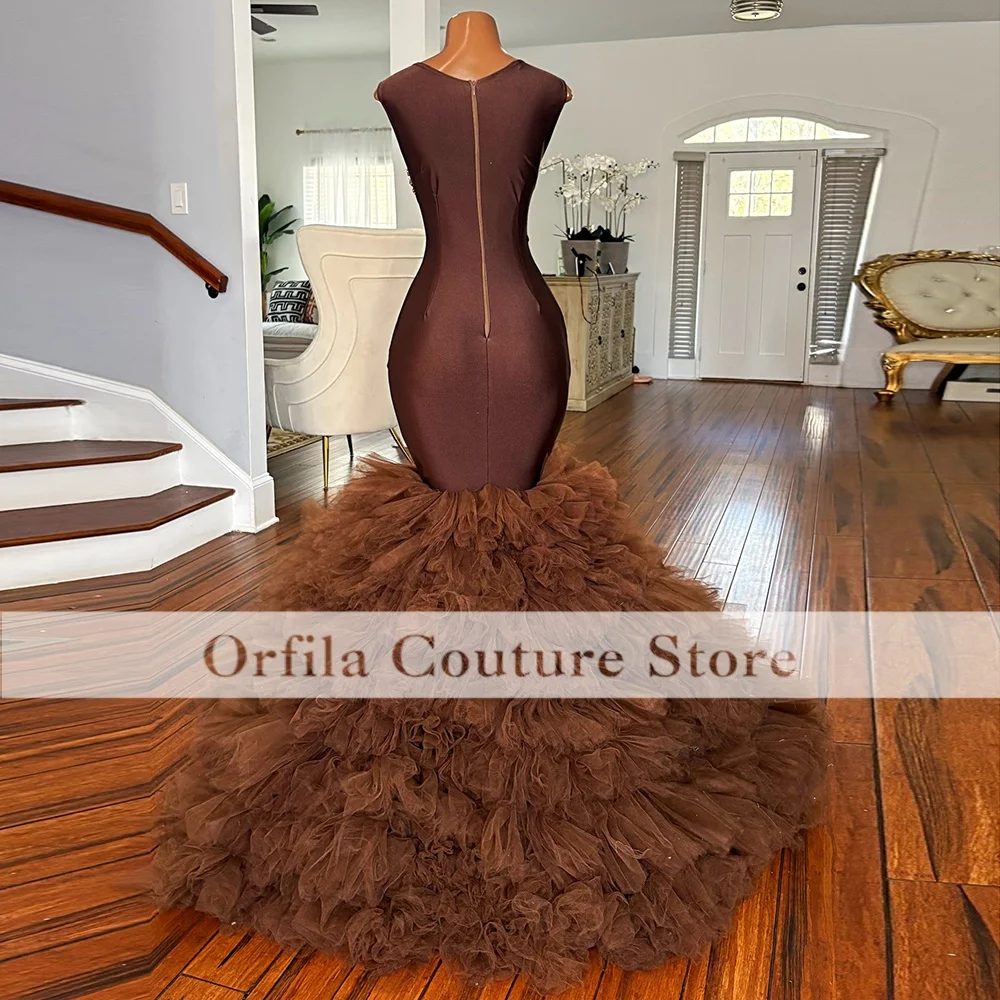 Brown Prom Dresses 2026 Mermaid Sparkly Crystal Ruffles Party Gowns Customized Party Dress Vestido De Festa