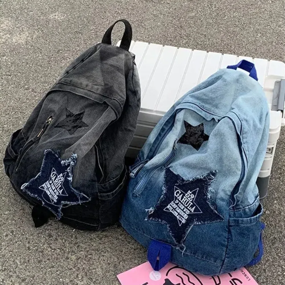 Fashion Star Pattern Denim Backpack Y2K Large Capacity Student Schoolbag Punk Book Bag Adults