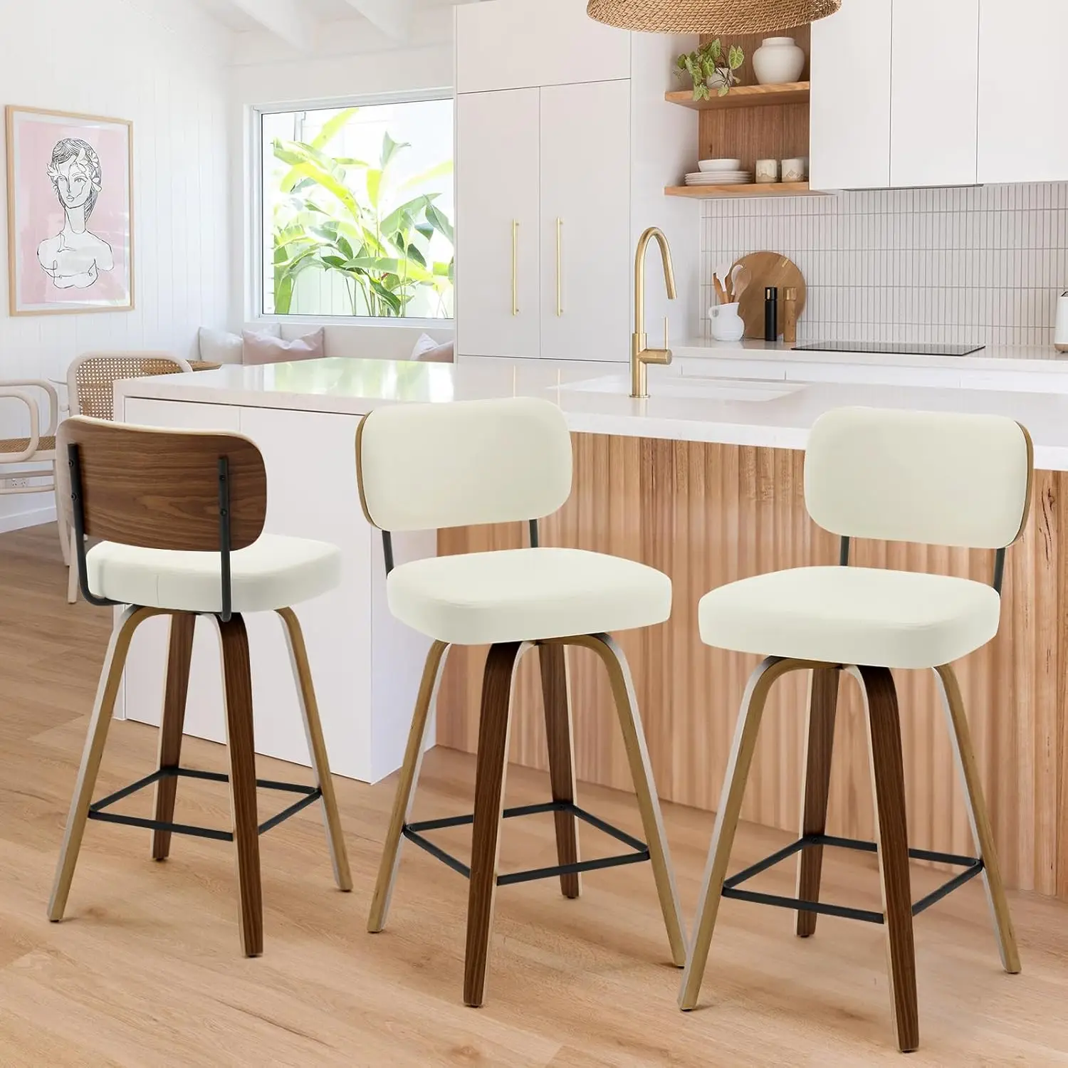 Swivel Counter Height Bar Stools Set of 3, 26" Upholstered Faux Leather Barstools with Back and Bent Wood Legs, Mid Century Mode