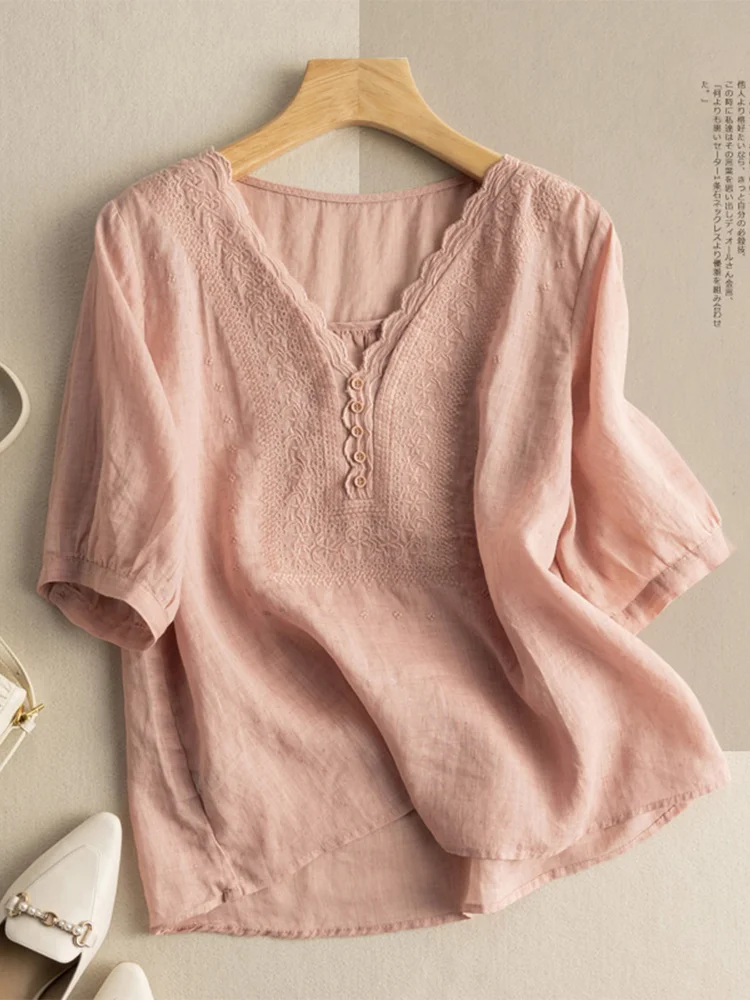 

Ele V-ne ort Sve Вышитый хлопок и лен irt Женский японский Sle Casual Faion Летние поездки на работу Wind irt