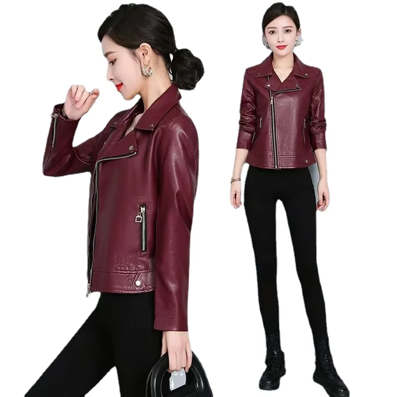 Jaquetas de couro roxo macio de pele sintética feminina, blazer PU, casaco com zíper, outerwear de motocicleta, coreano, muitas roupas, novo, outono