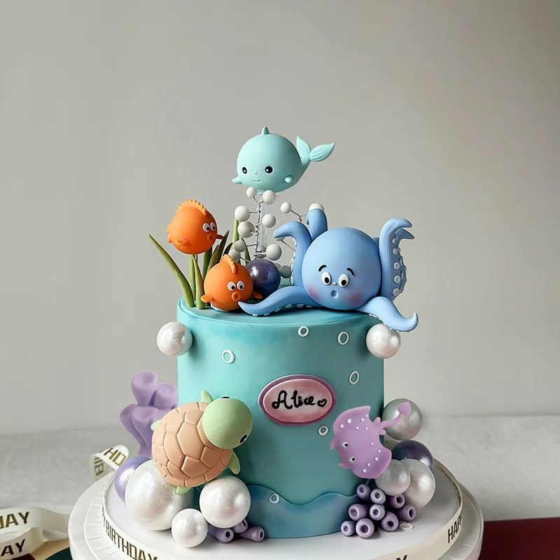 1/7pcs Sea Animal Cake Decoration Octopus Turtle Whale Cake Topper Ocean Themed Party Baby Shower Kids Birthday Party Cake Decor