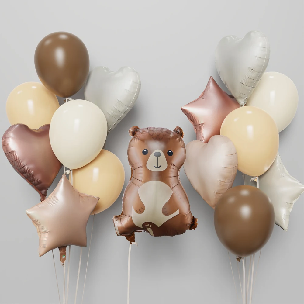 14pcs Brown Bear Theme Balloon Set Five-pointed Star Peach Heart Foil Balloon Birthday Wedding Party Decor Baby Shower Supplies