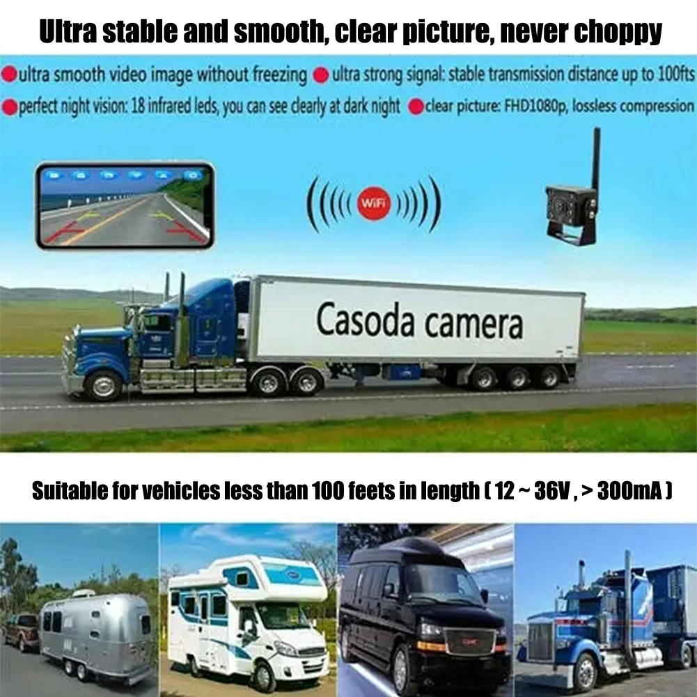 Kamera mundur nirkabel, 12v-24v WIFI untuk truk bus kamera Tampak belakang HD dengan penglihatan malam IR jarak 100m untuk iOS Android