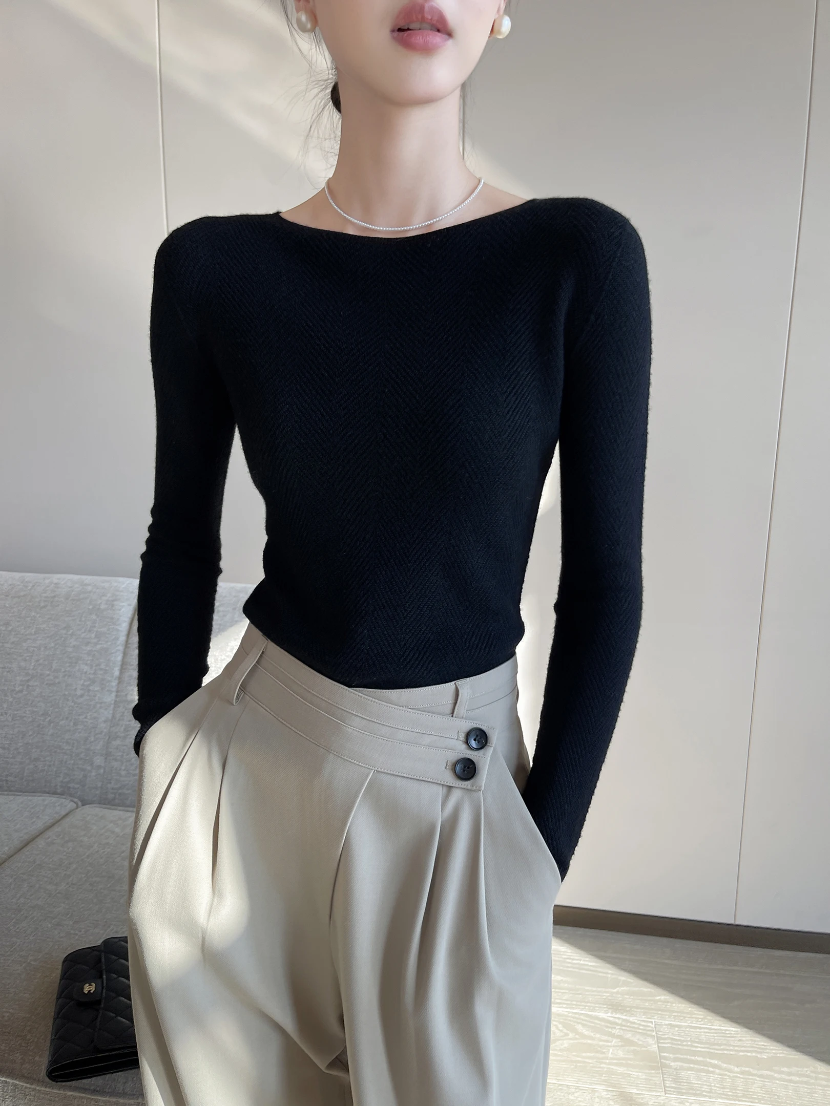 

Женский вязаный свитер с длинным рукавом и круглым вырезом, осенне-зимний, облегающий базовый топ, повседневная комфортная футболка