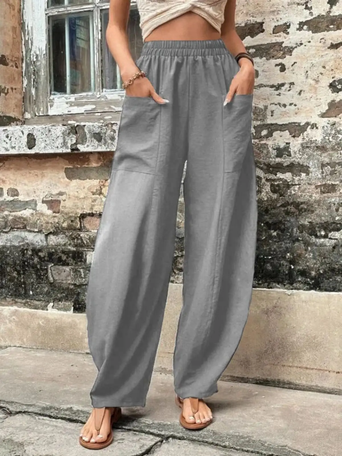 2024wish independent station Amazon pantaloni da donna transfrontalieri pantaloni casual da donna con tasca in tinta unita pantaloni elastici tro