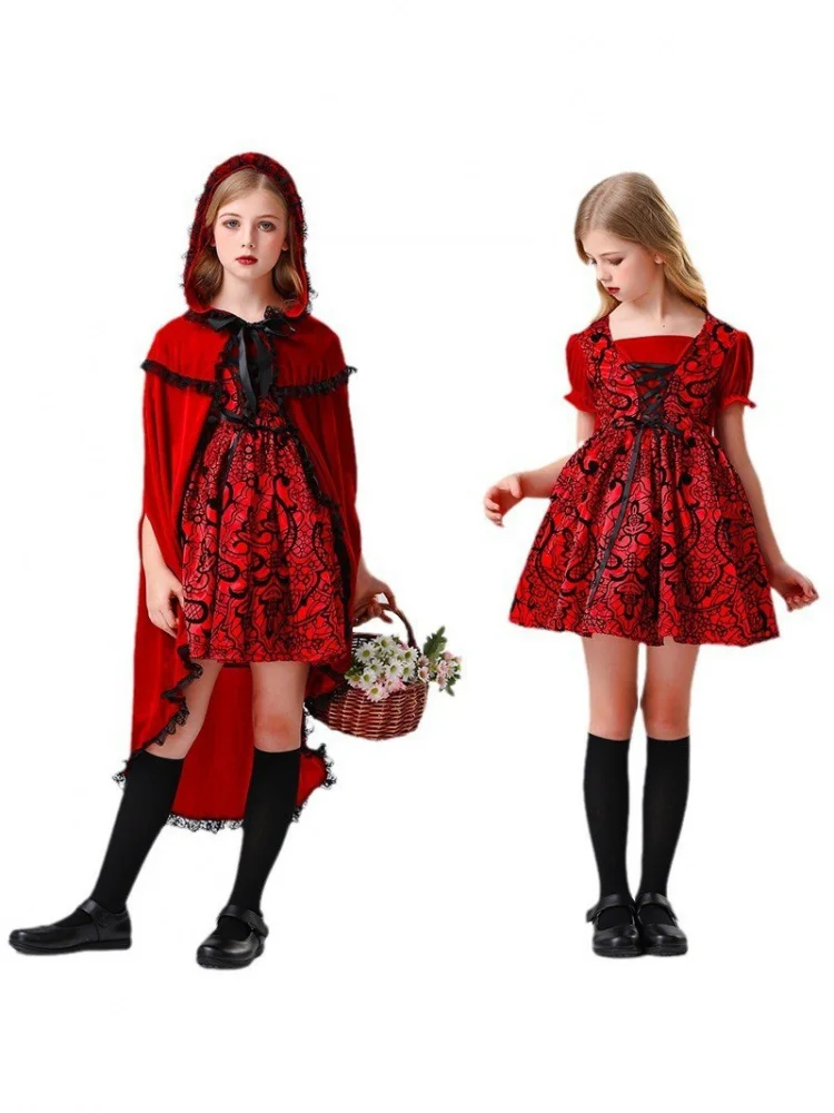 

loween Little Red Riding Hood Dr Retro Court Sle Parent-Child Performance Role-plang Costume Cotton Traditional Chi...